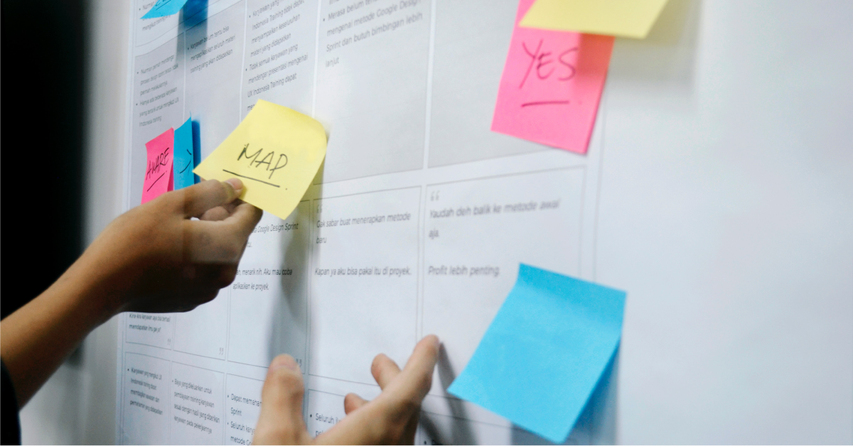 Putting a customer experience map up with post-it notes.