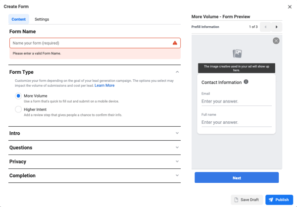 Facebook lead ads form creation