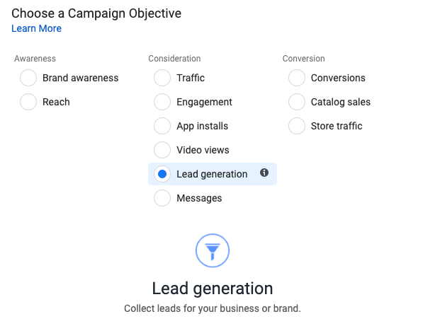 Facebook ad campaign objective set to lead generation
