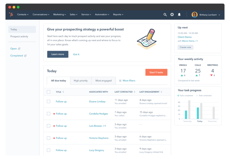 HubSpot Sales Hub Today View