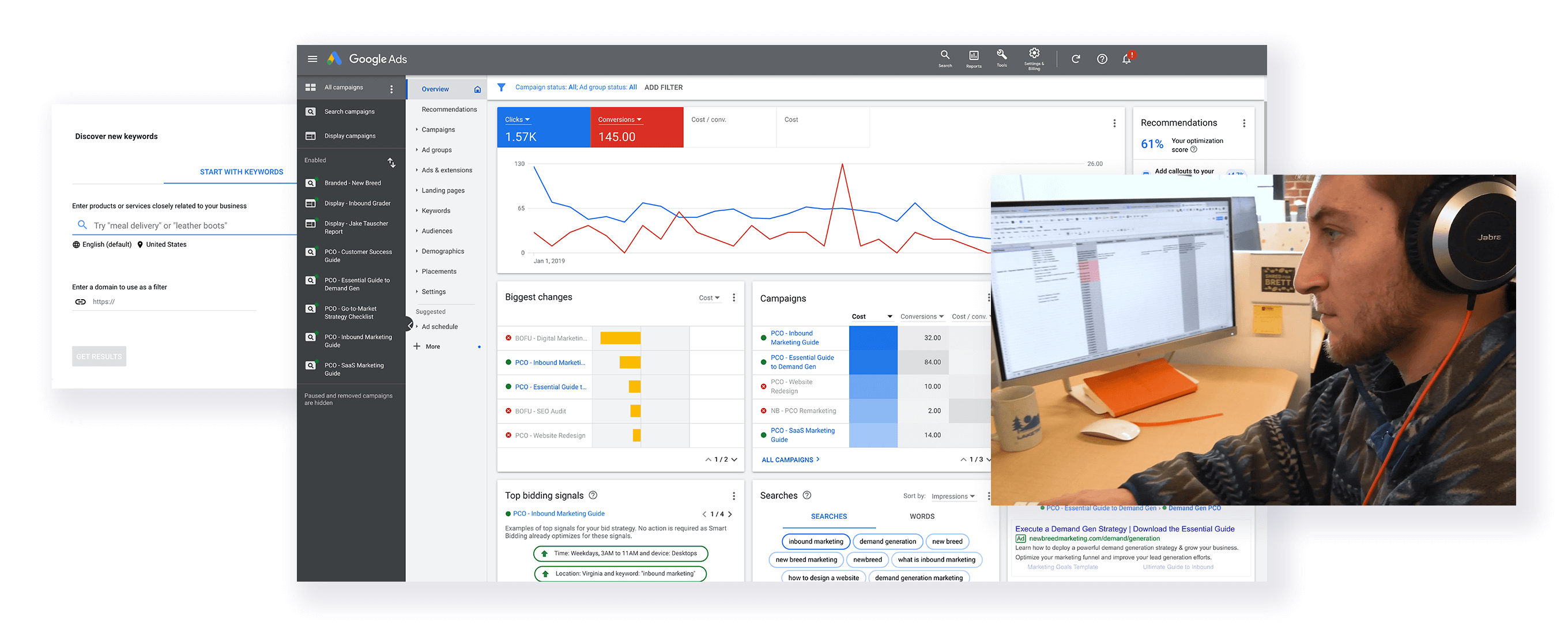 Collage of keyword research tool, Google Ads performance and New Breed team.