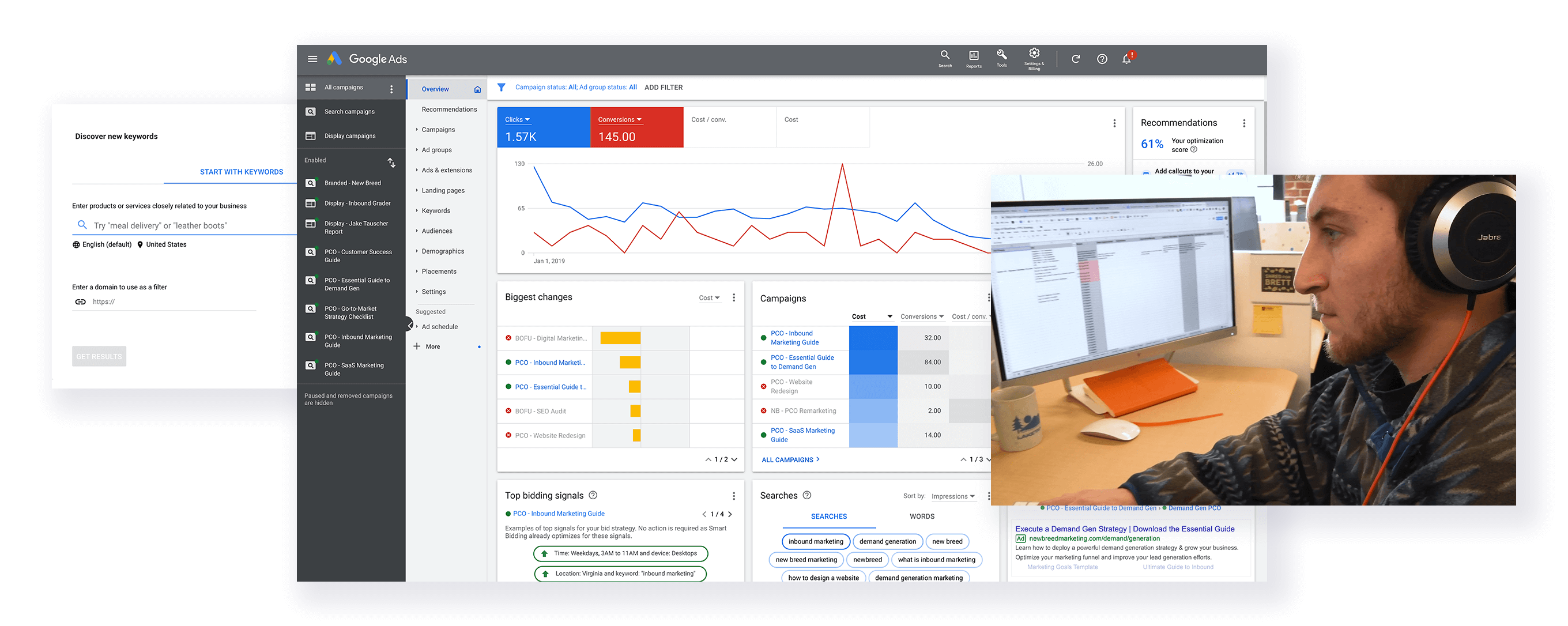 Collage of keyword research tool, Google Ads performance and New Breed team. Collage of keyword research tool, Google Ads performance and New Breed team.