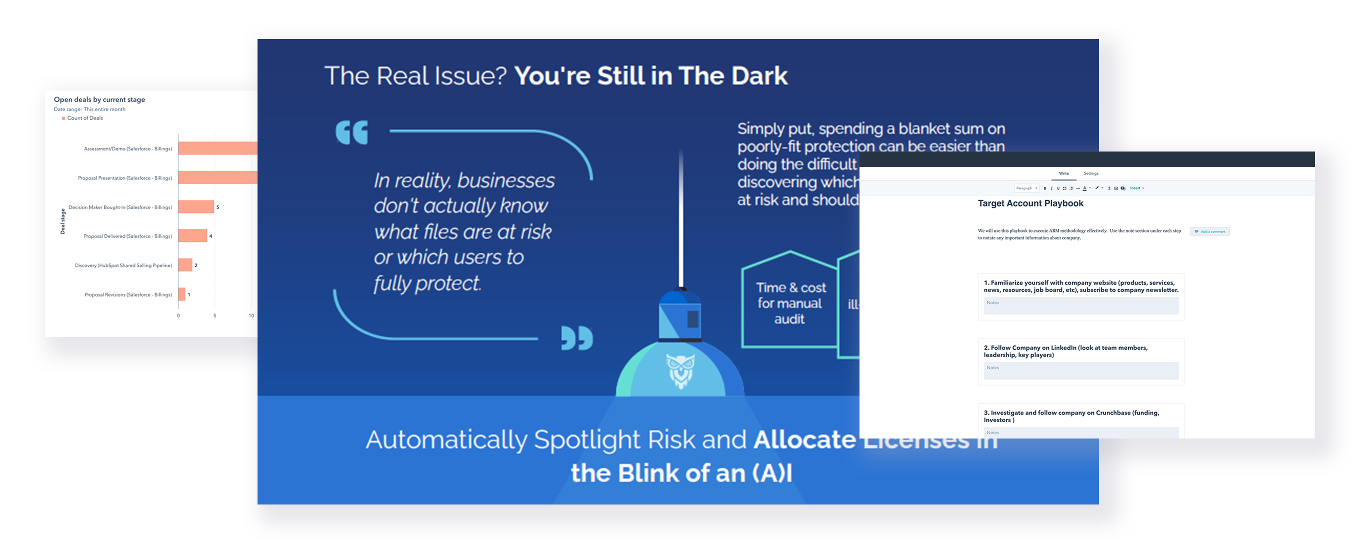 Collage of sales reports, playbooks and sales enablement collateral.