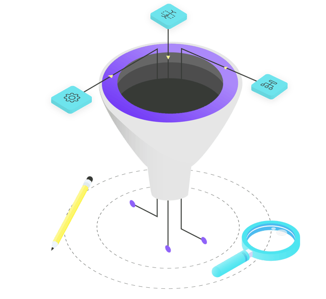 Graphic of marketing and sales funnel with operational processes flowing in.