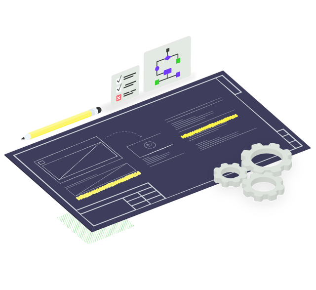 Graphic of a website wireframe blueprint and conversion pathways.
