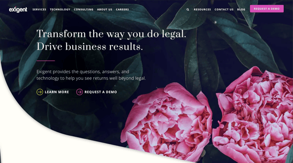 Exigent Group homepage featuring flowers and bright colors. 