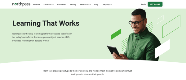Simple vector shapes and shades of green make up Northpass website hero.