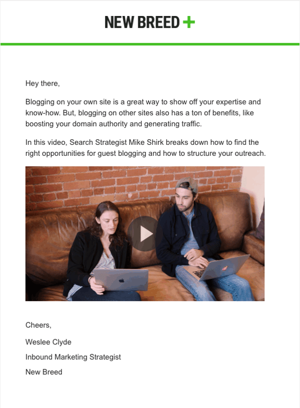 New Breed email with a video thumbnail