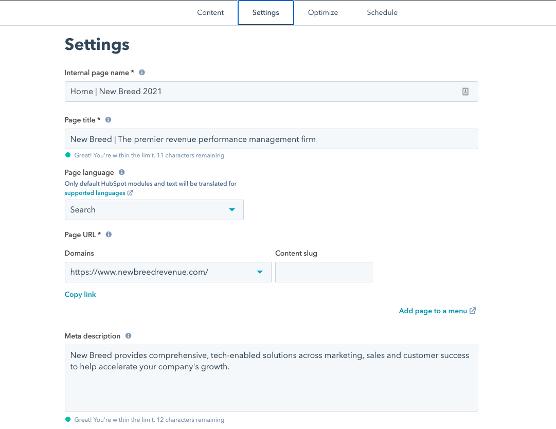 HubSpot CMS page editor settings tab