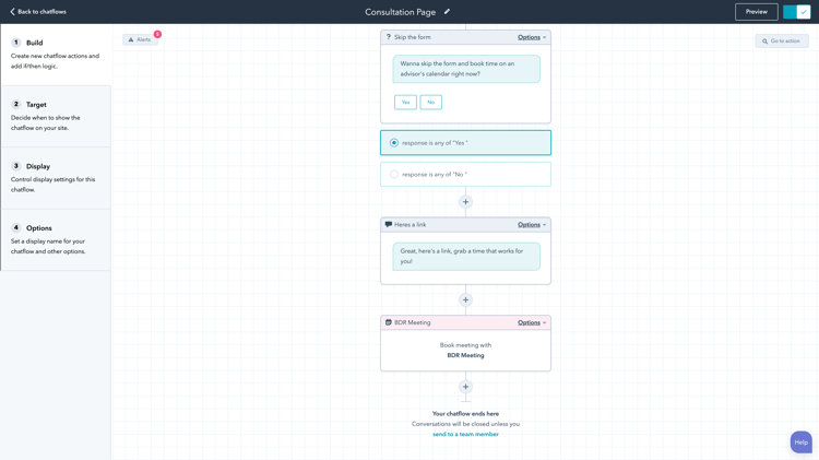 HubSpot chatbots conversation branches.