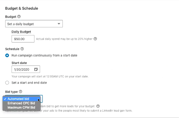 LinkedIn budget and schedule options