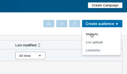 linkedin create audience drop down with mouse hovering over website option