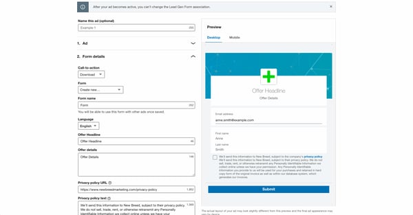 LinkedIn form details page for lead generation objective