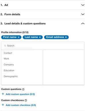 LinkedIn form field selection section