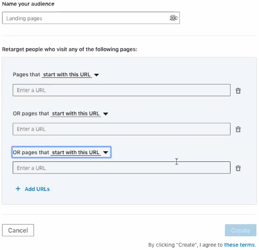 LinkedIn website audience creation page