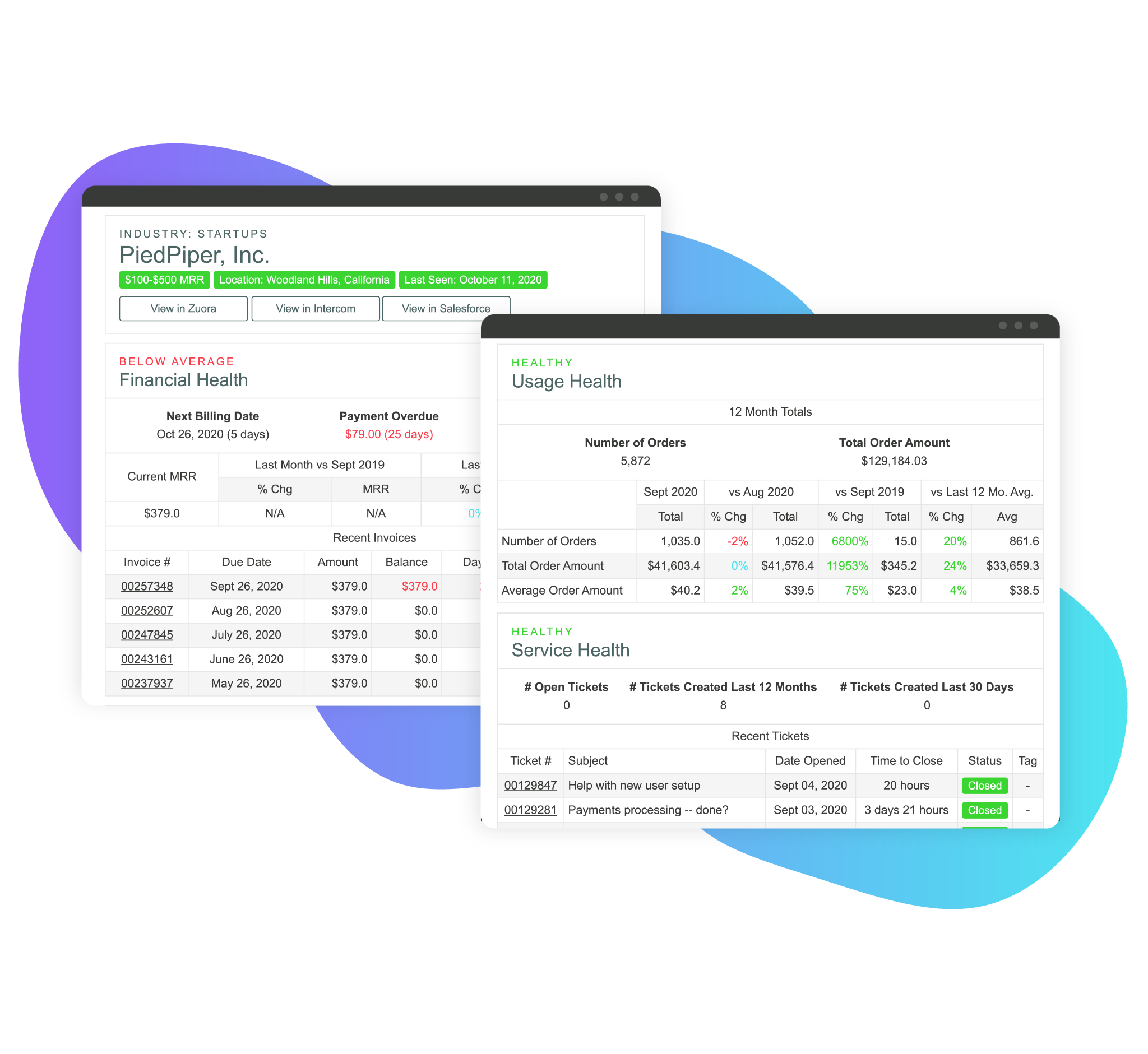 Product screenshots of Customer 360s in action