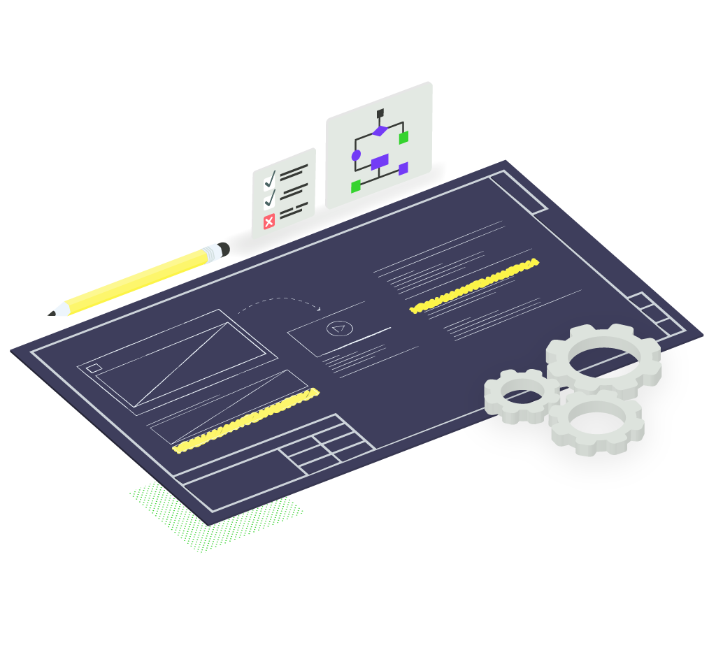 Graphic of a website wireframe blueprint and conversion pathways.