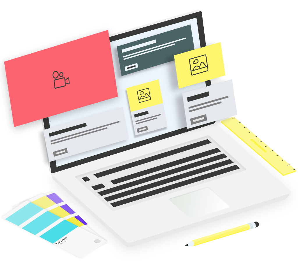 Graphic of website design mockup and color palettes.