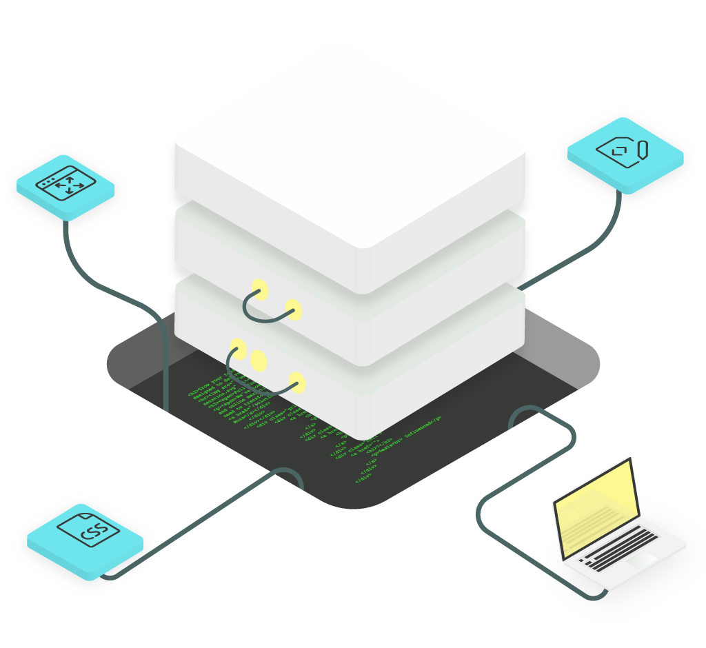 Graphic of laptop working on website development and coding.